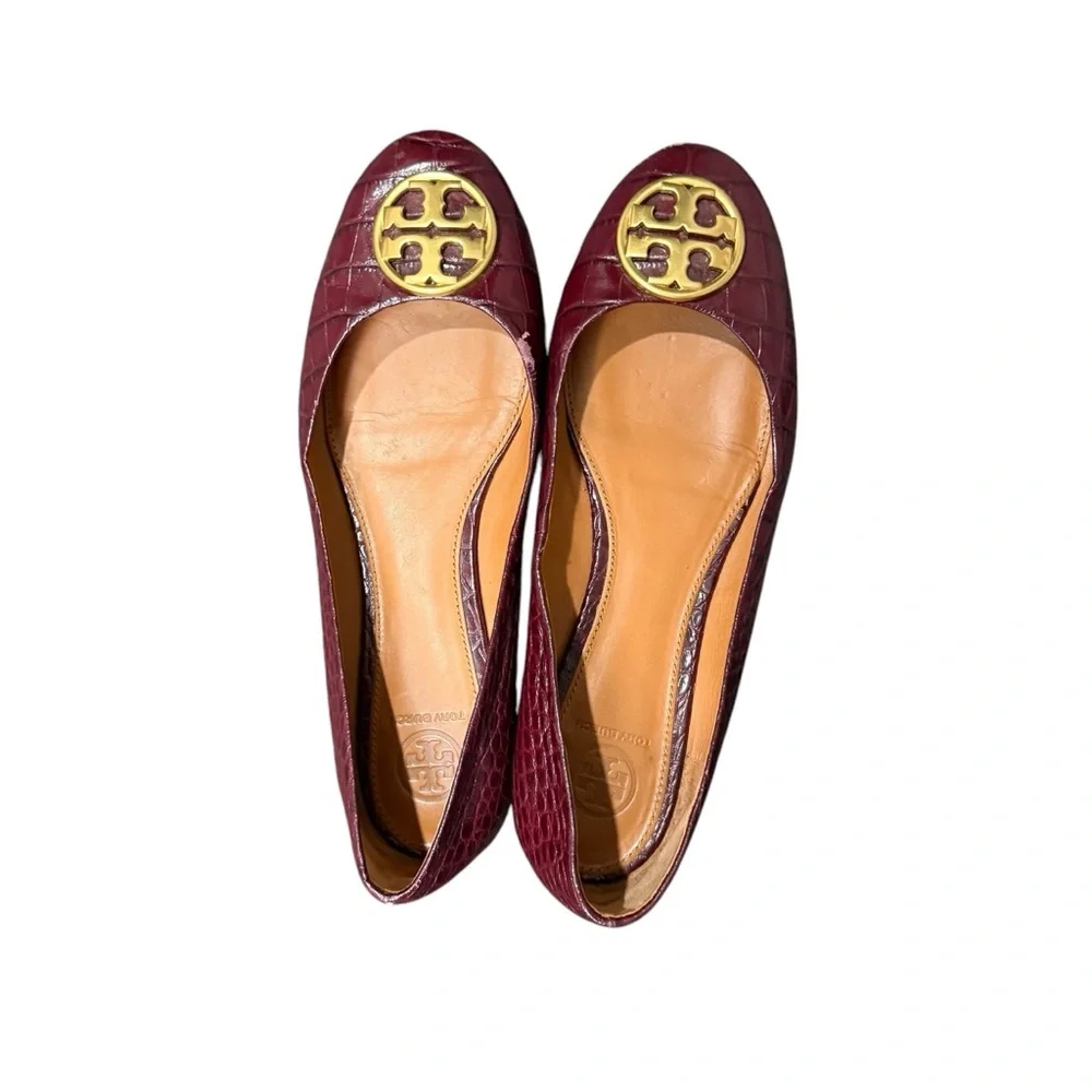 Tory Burch Burgundy Croc Embossed Leather Chelsea Ballet Flats Size 38.5 or‎ 8